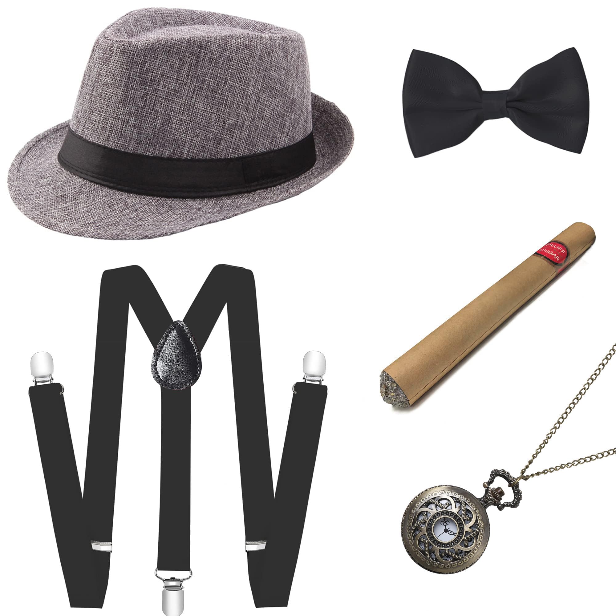 BABEYOND 1920s Mens Gatsby Gangster Accessories Set Panama Hat Suspender Bow Tie