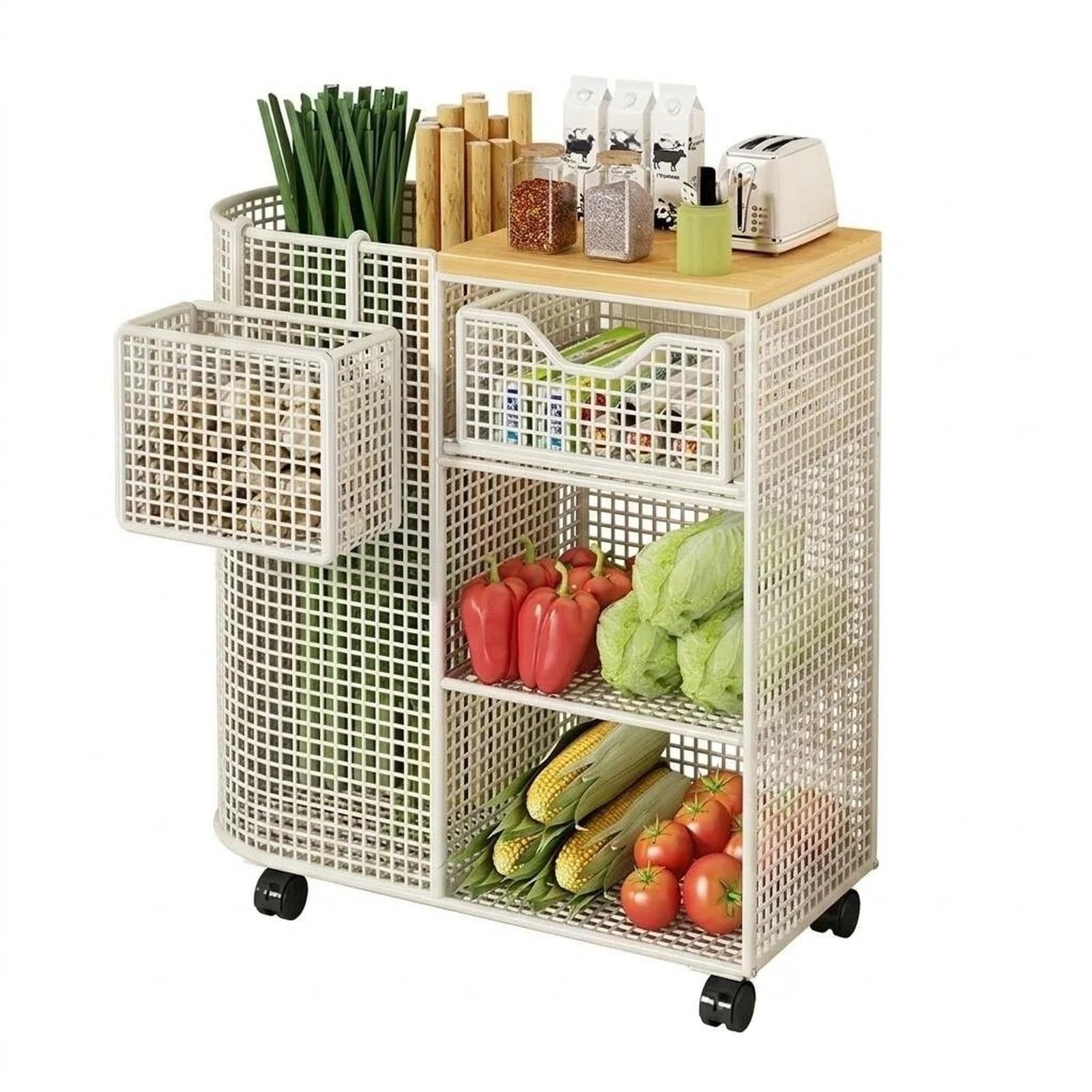 Ljhfg63kuyt White Multi-Purpose Rolling Kitchen Storage Cart Multi-Tier Vegetable And Fruit Basket Organizer Shelf(White)