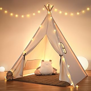 Kids Teepee Tent with Padded Mat & Light String，Teepee Tent for Kids,besrey Kids Tents Indoor Playhouse,Tipi Tent Cotton, White Tp Tent for Toddler Boys Girls, Foldable Toddler Reading Tent