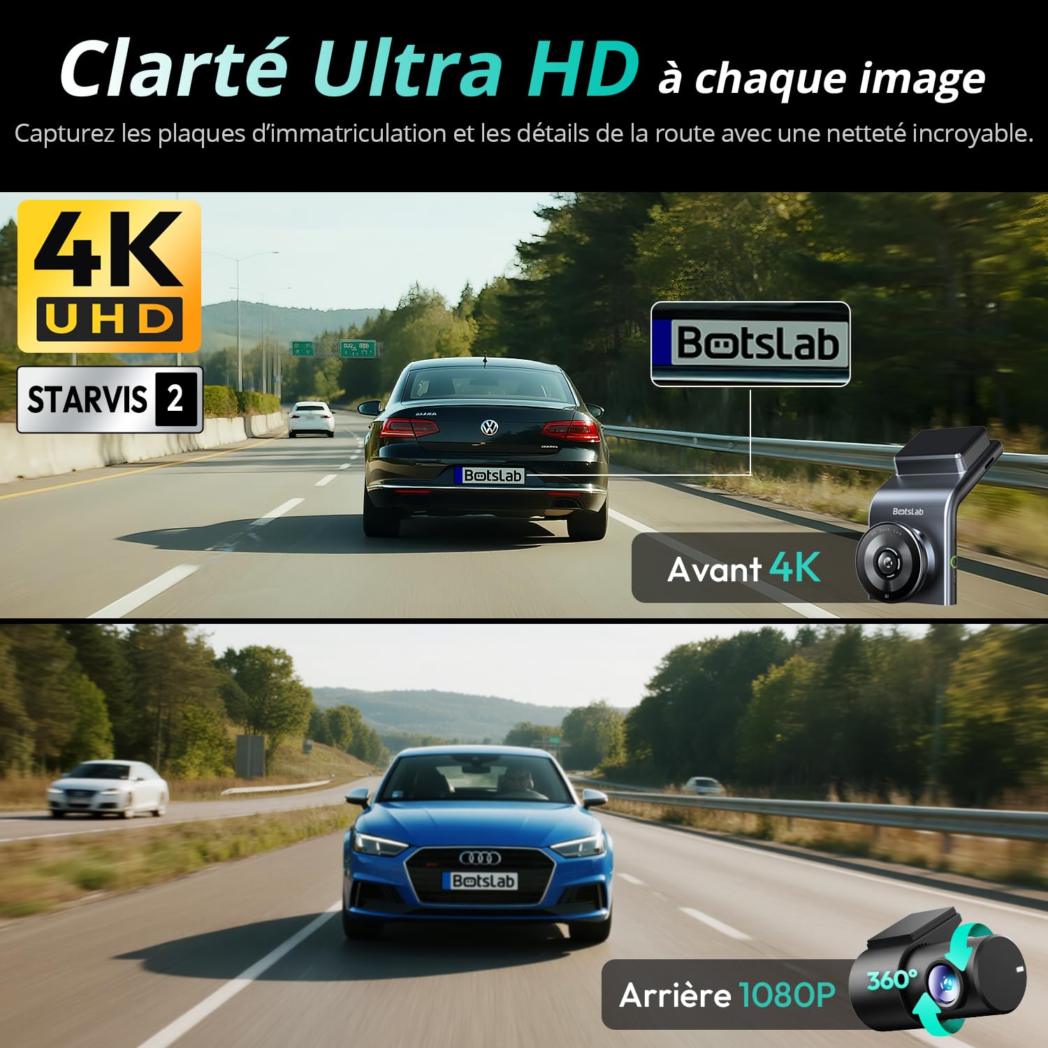 BOTSLAB 4K Dashcam Voiture GPS, Dashcam Voiture Avant Arrière avec Carte SD 64GB, 5G WiFi Camera Voiture Grand Angle 170°, Vision Nocturne,WDR,G-Capteur,Mode Stationnement24H, Enregistrement en Boucle
