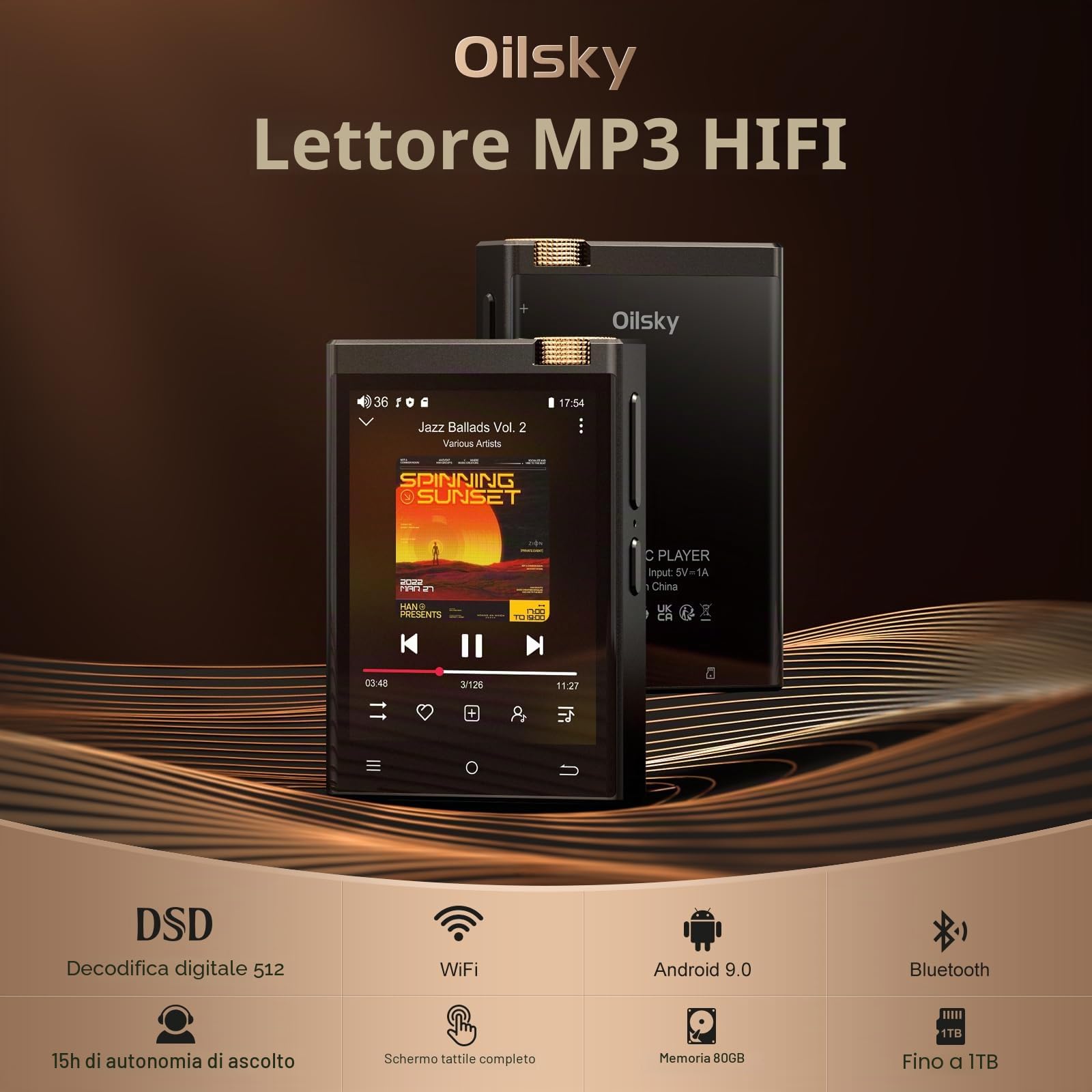 Lettore MP3 HiFi con Bluetooth e WiFi, Oilsky 80GB Spotify MP3, 2,8'' Lettore di Musicale Digitale 512DSD ad Alta Fidelità Senza Perdite, Android 9.0 (nero)