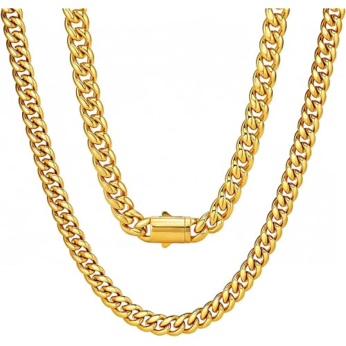 Saintda Chain For Men,8mm/10mm/12mm Width 316L Stainless Steel Cuban Link Chain Hip Top 14K Necklace For Men 16/18/20/22/24 inches Jewelry Gifts