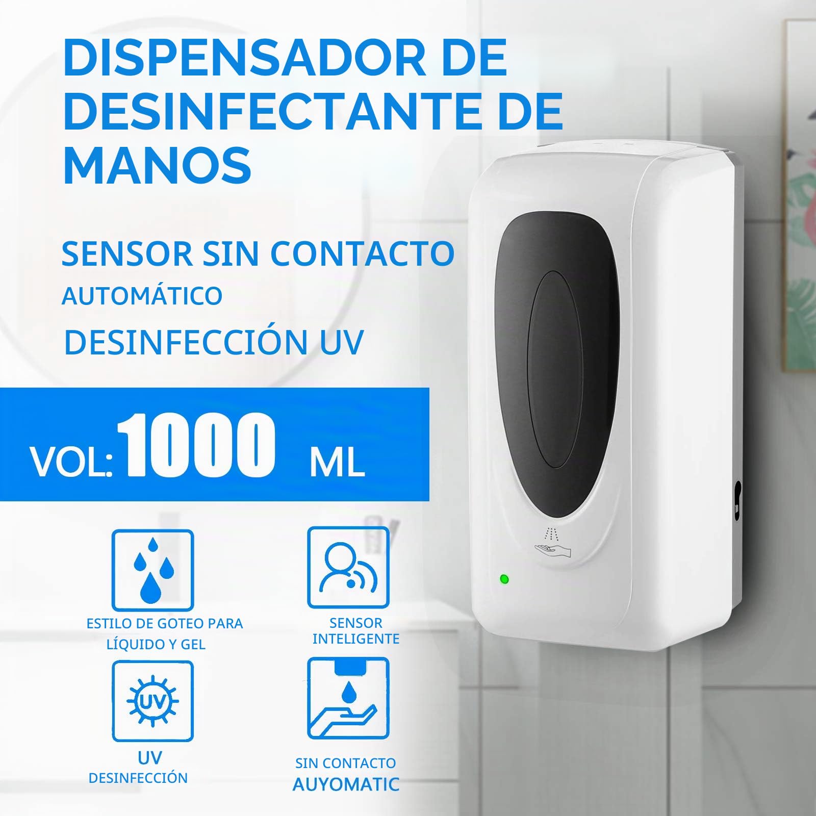 Dispensador Gel Hidroalcoholico,Dispensador de JabóN AutomáTico Pared del Touchless,con Sensor de Infrarrojos,para El Hogar, La Oficina, Hotel(1000ml para Spray Mode)