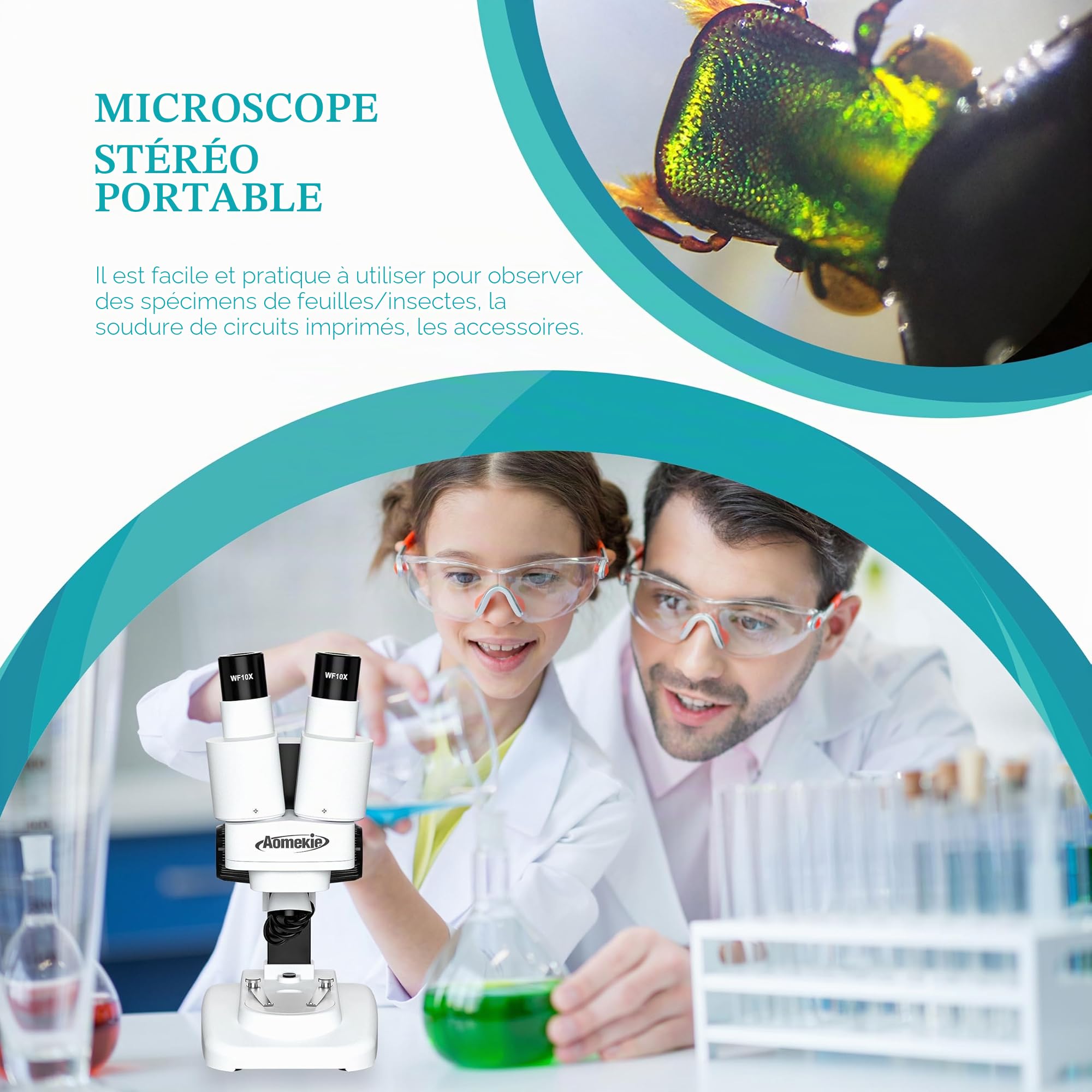 Aomekie Microscope Stéréo 20X/50X, Loupe Binoculaire 3D avec Lames de Verre, Échantillons de Minéraux et Spécimens, pour Juniors et Étudiants