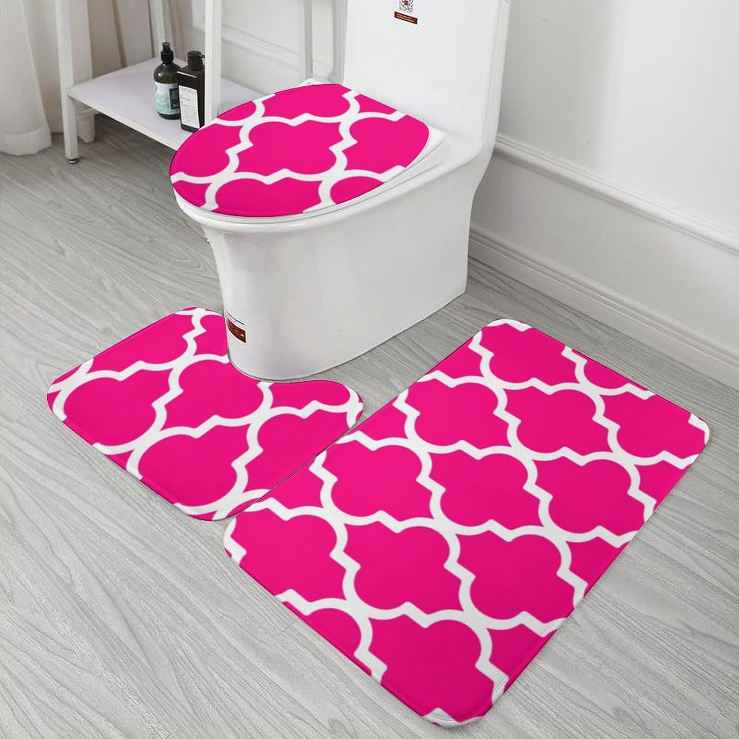 Bathroom Rugs Set 3 Piece Hot Pink Quatrefoil Bath Rug Mat Set, Non Slip Absorbent Bathroom Decor Mat, Toilet Lid Cover & U Shaped Contour Rug