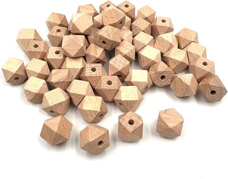 Natural Geometric Polygon Beech Wood Beads, 50 Pieces Faceted Hexagon Unfinished 16mm Wooden Spacer Beads for Necklace Bracelet Garland Jewelry DIY Craft Making