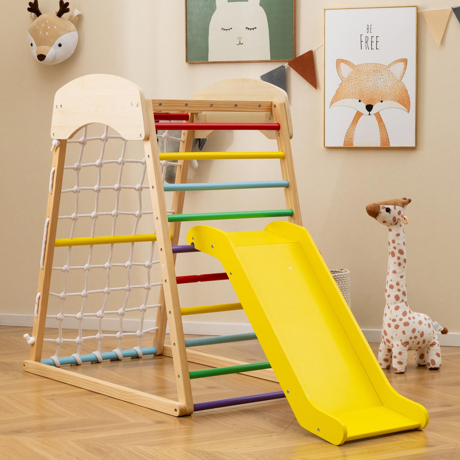 RELAX4LIFE Multifunctional Children's Climbing Playground, Solid Wood Playground with Sliding Ramp, Indoor and Outdoor Activity Center for Children 1-5 Years (67 x 105 x 113 cm, Colorful)