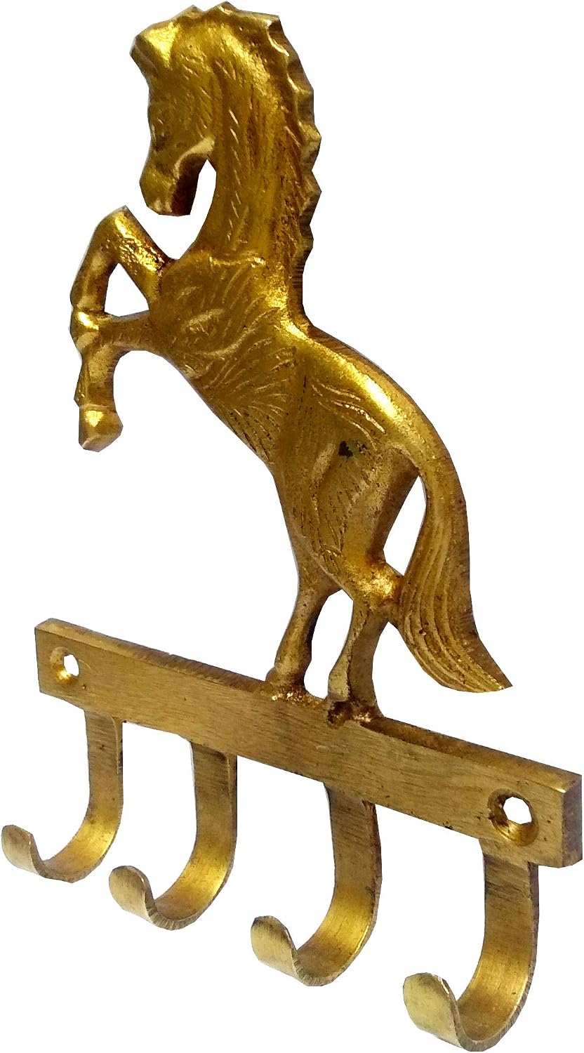 Purpledip Brass Wall Hooks 'Freedom': Vintage Horse Design Decorative Hanger (11816)