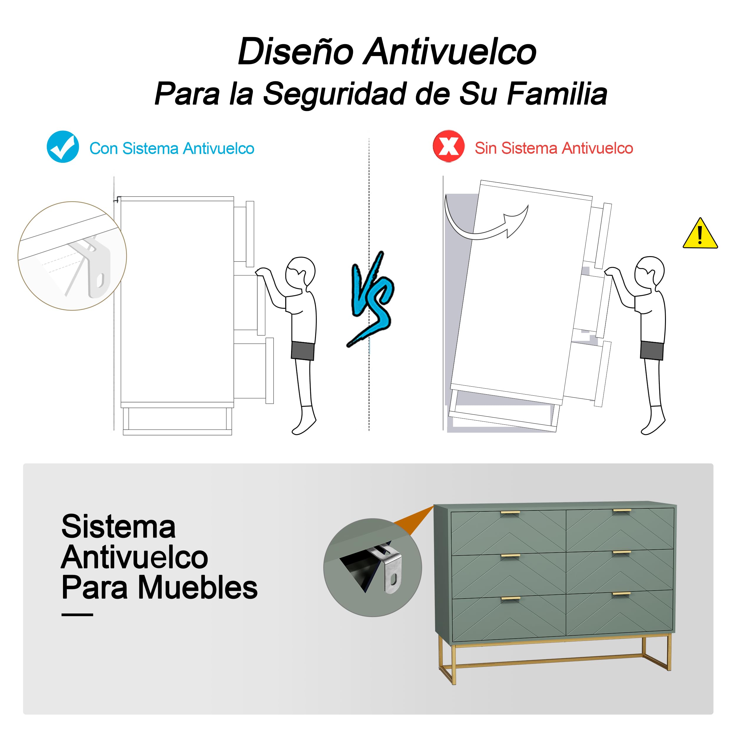 UEV Cómoda para Dormitorio, Cómoda con 6 Cajones y Patrón de Líneas, Armario Moderno y Práctico, Diseño Seguro Antivuelco, 100x34x73.5cm, Verde