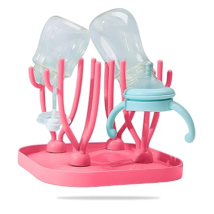 DaKos Baby Bottle Drying Rack, Bottle Sterilizer and Dryer, Drainer for Baby Bottles, Feeding Cup Nipple Storage, Compact and Portable Stylish Design (Tree Shaped, Pink)
