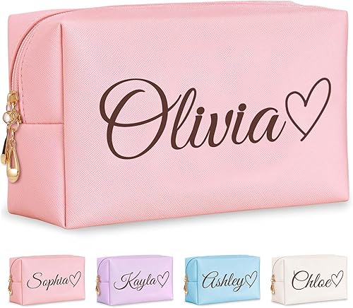 Miniatura 9 de Bolsa de maquillaje personalizada con nombre y flor de nacimiento, bolsas de cosméticos de cuero personalizadas para mujeres, bolsa de aseo de viaje