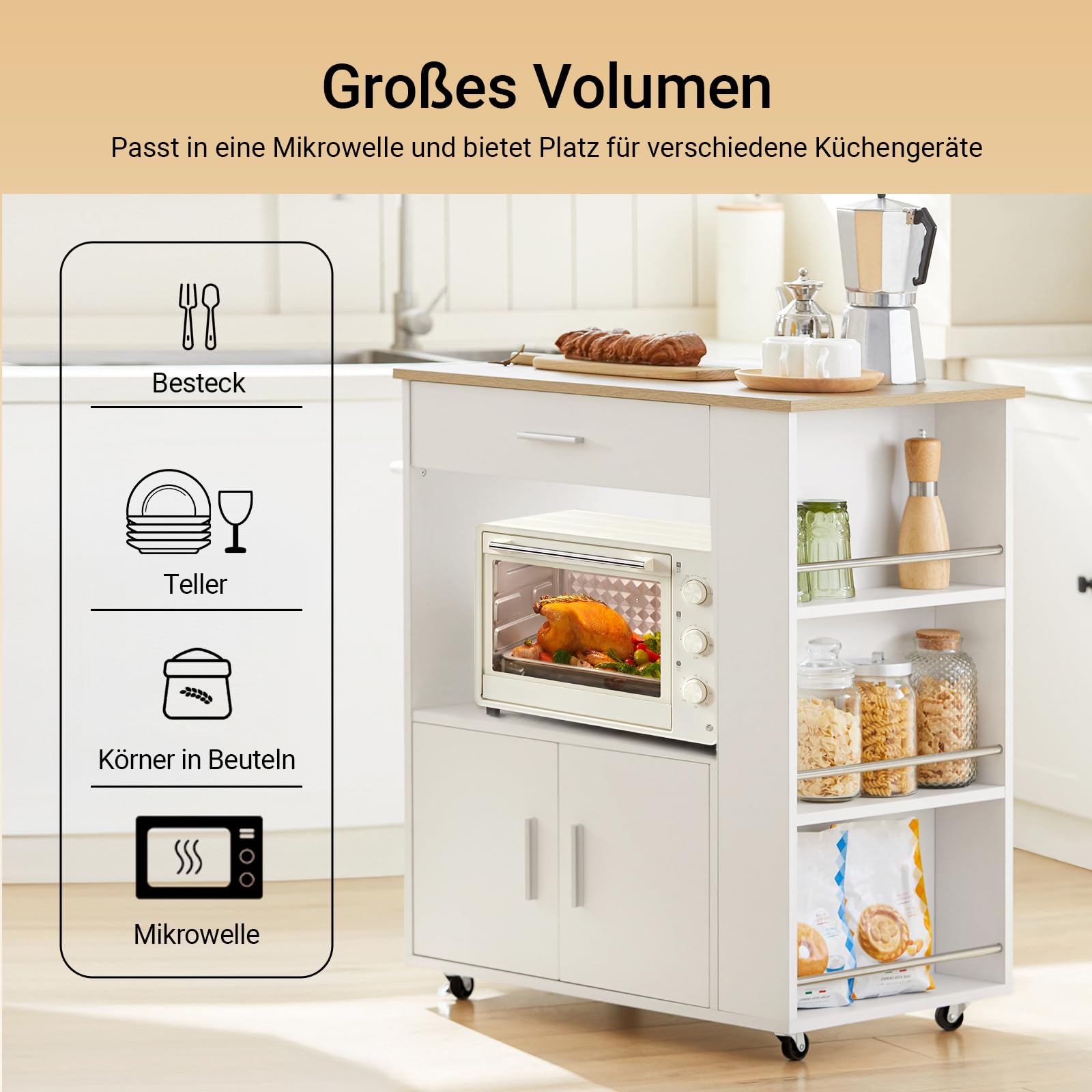SoBuy Servierwagen mit Rollen Küchenwagen mit Arbeitsplatte Rollwagen Küche Kücheninsel mit Arbeitsplatte schmaler Mikrowellenschrank Küchenschrank Beistelltisch Holz Weiß 82×88×46 cm FKW113-WN