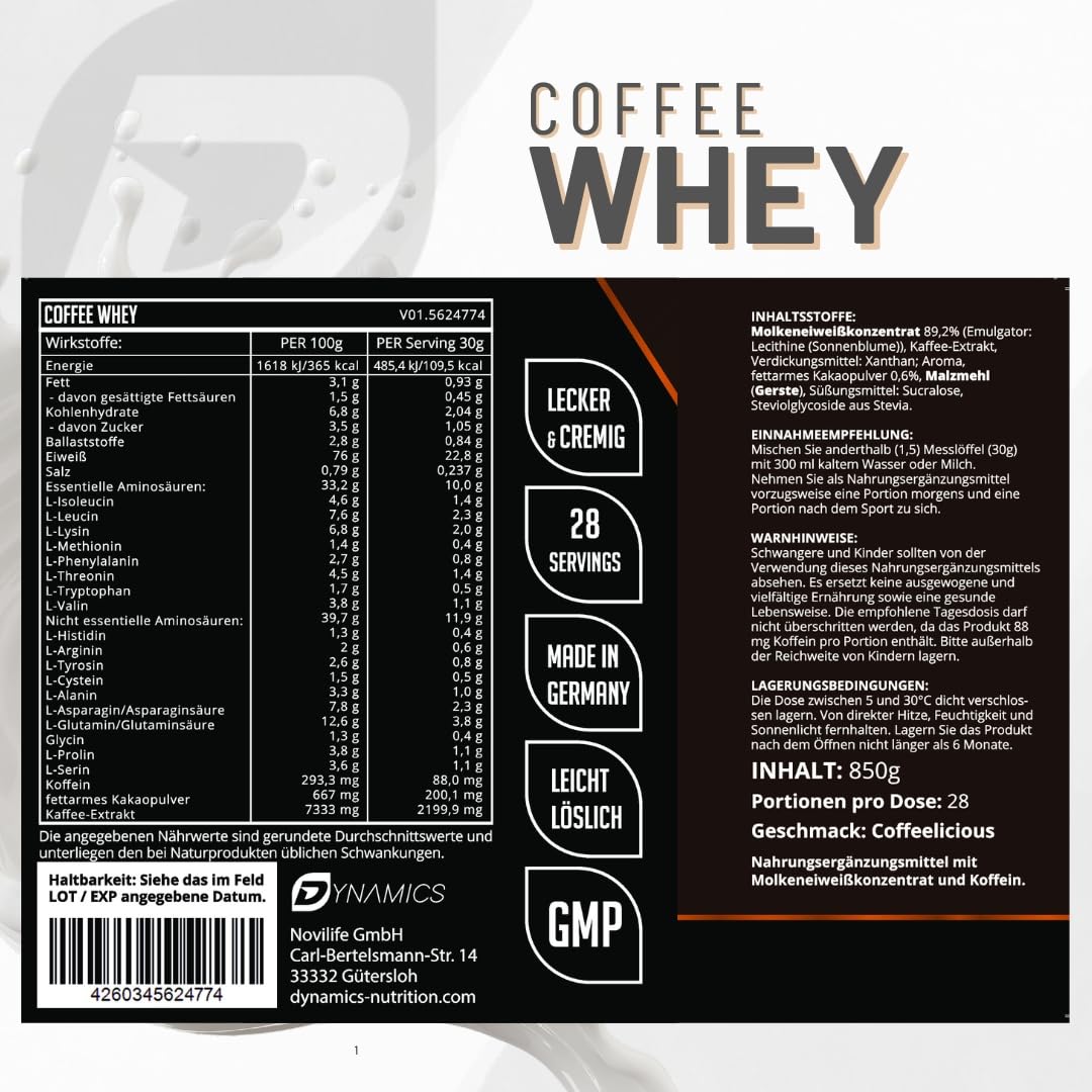 Protein Coffee | Whey Icecoffee | Cremiger Eiskaffee | Whey Protein mit Kaffee Geschmack | 88mg Koffein pro Shake | Dynamics Nutrition | 850g