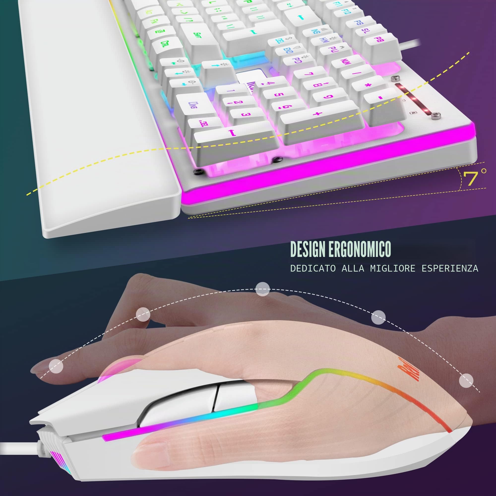 RedThunder Tastiera e mouse da gioco K10 cablati, layout UK, retroilluminazione RGB vera, tastiera ergonomica anti-ghosting al tatto + mouse 7D 3200 DPI per PC, Mac (bianco)
