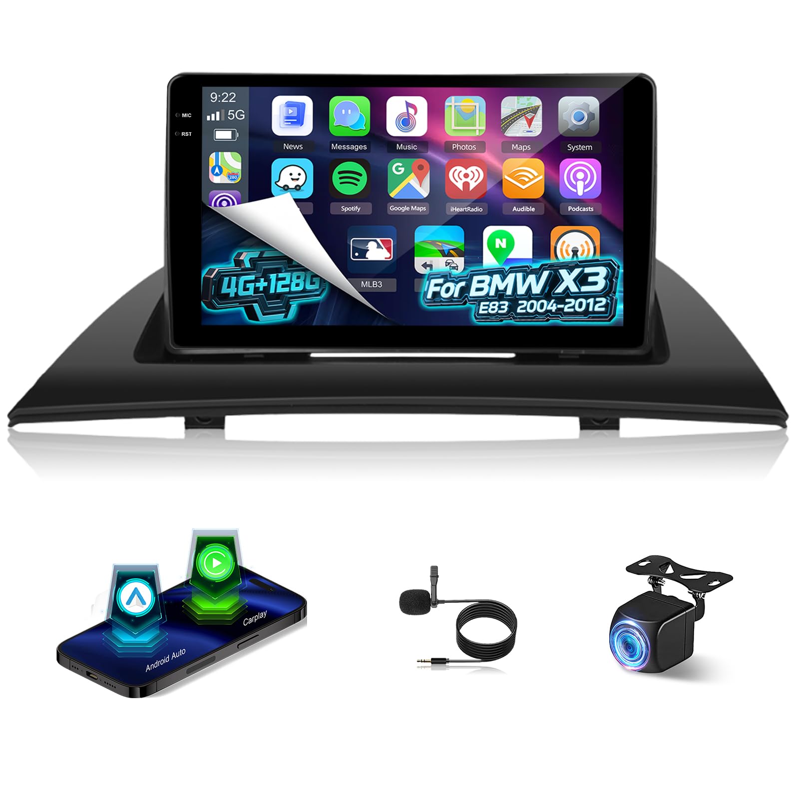 NHOPEEW Autoradio Android 4+128 GB per BMW X3 E83 2004-2012 con supporto CarPlay e Android Auto, WiFi, GPS, comandi al volante + telecamera di retromarcia,Canbus