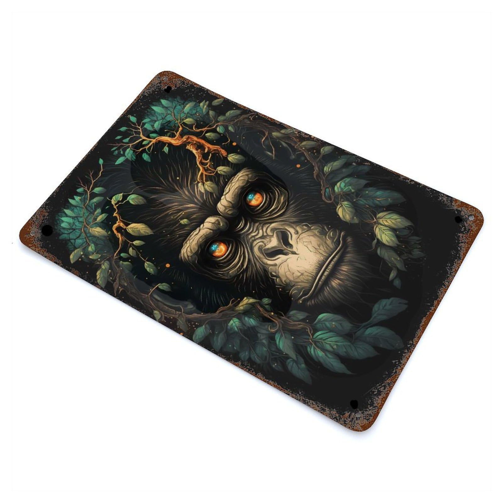 Aged Metal Wall Plaque with Chimpanzee Wild Land Design 11.8"x7.9", for Farmhouse, Kitchen And Entryway Decor, Old School Wall Decor