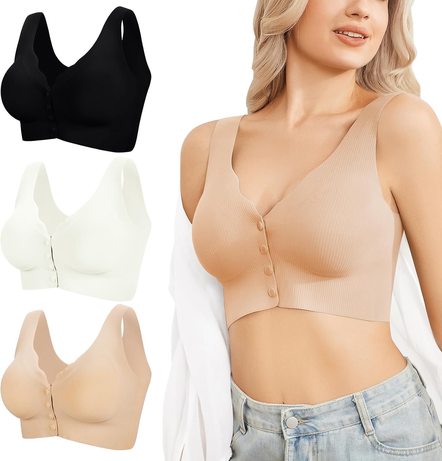 Eleplus Seamless Front Closure Bras for Women 3 Pack Wireless Smoothing