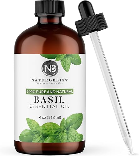NaturoBliss Aceite esencial de albahaca 100% puro de grado terapéutico, calidad prémium (4 onzas líquidas) con cuentagotas de vidrio, perfecto para