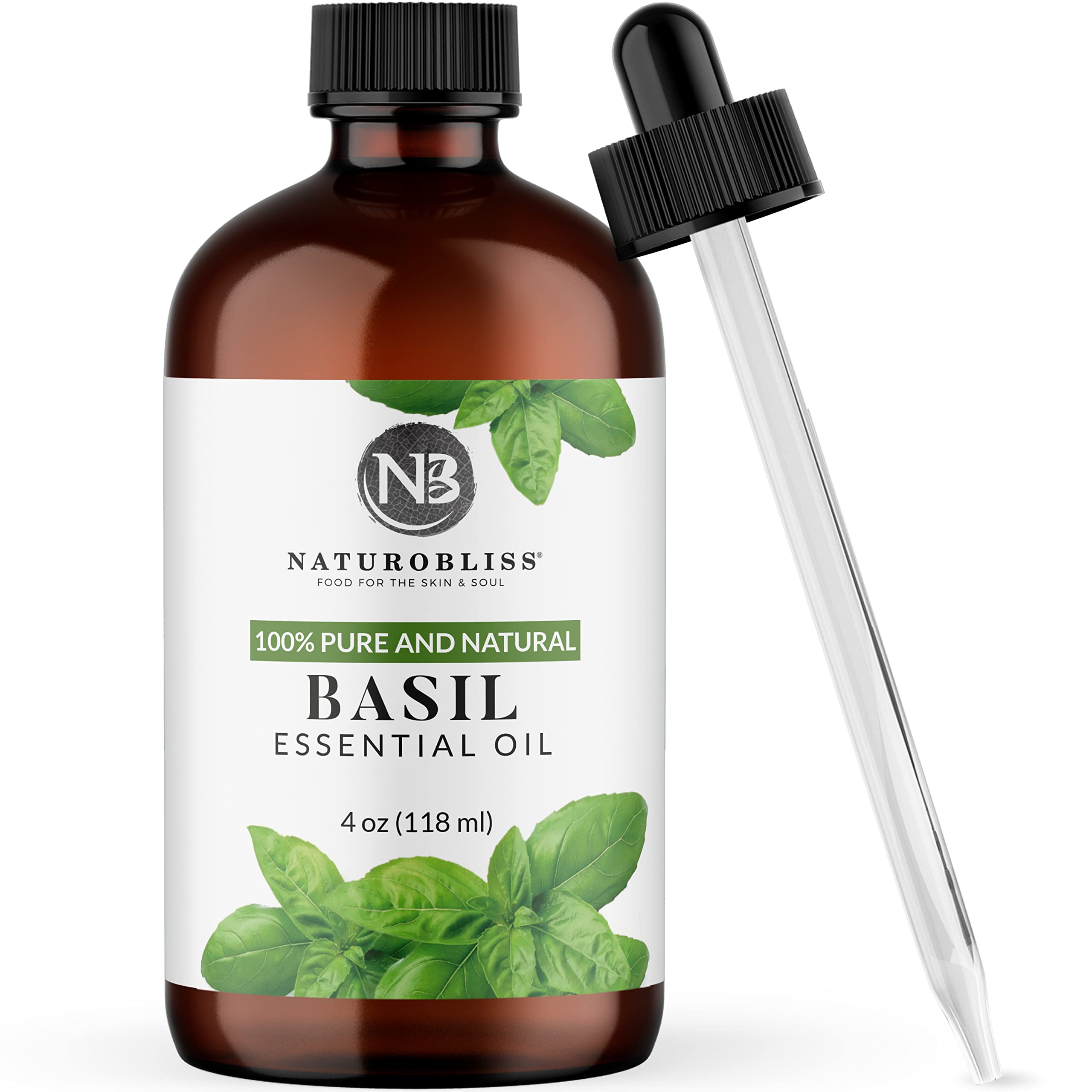 NaturoBliss 100% Pure Basil Essential Oil Therapeutic Grade Premium Quality (4 fl. oz) with Glass Dropper, Perfect for Aromatherapy
