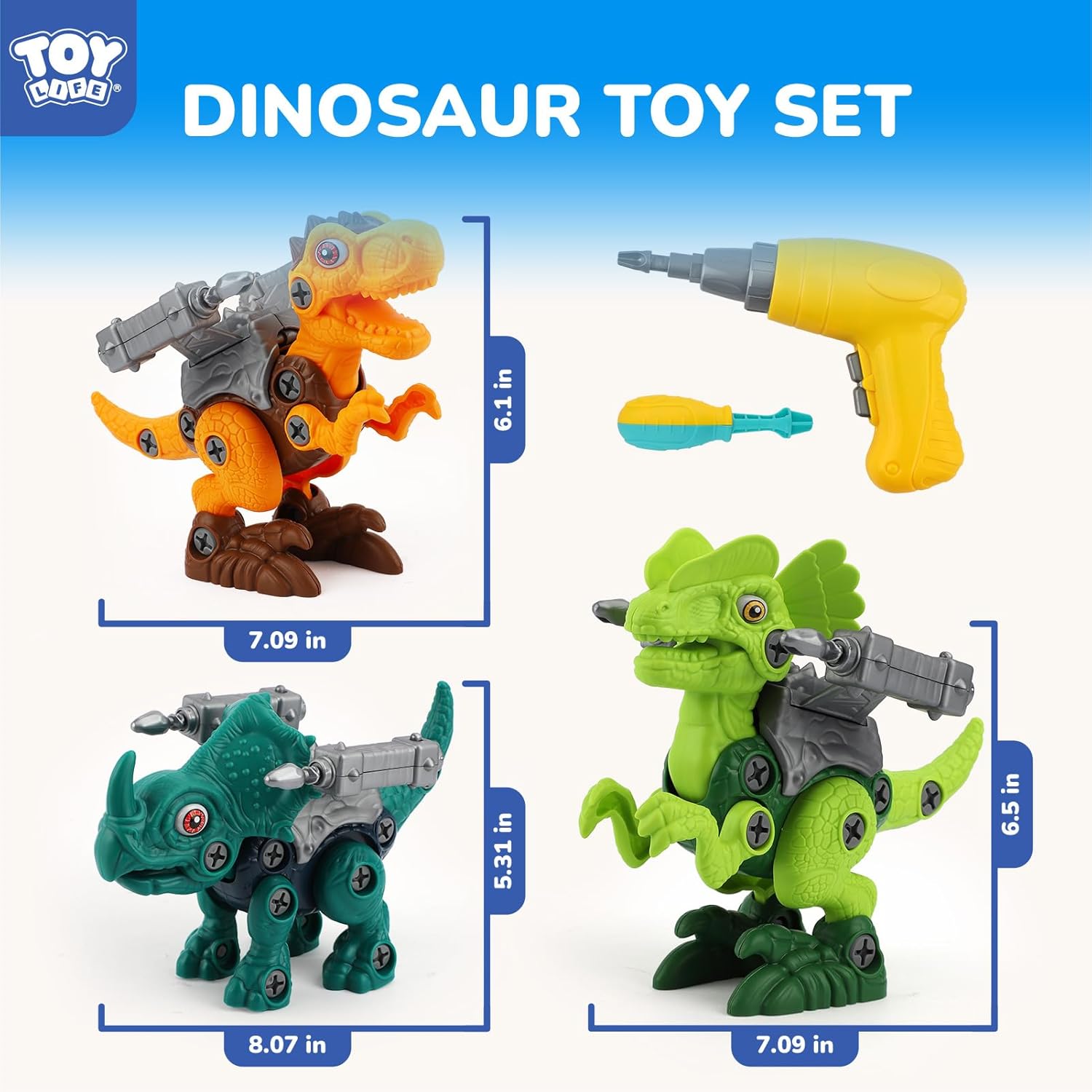 TOY Life 3-Pack Take Apart Dinosaur Toys for 3, 4, 5, 6, 7 Year Old Boys, Kid Dinosaur Toy with Electric Drill Tool Set, STEM Building Construction Toys, Educational Birthday Gifts for Toddlers