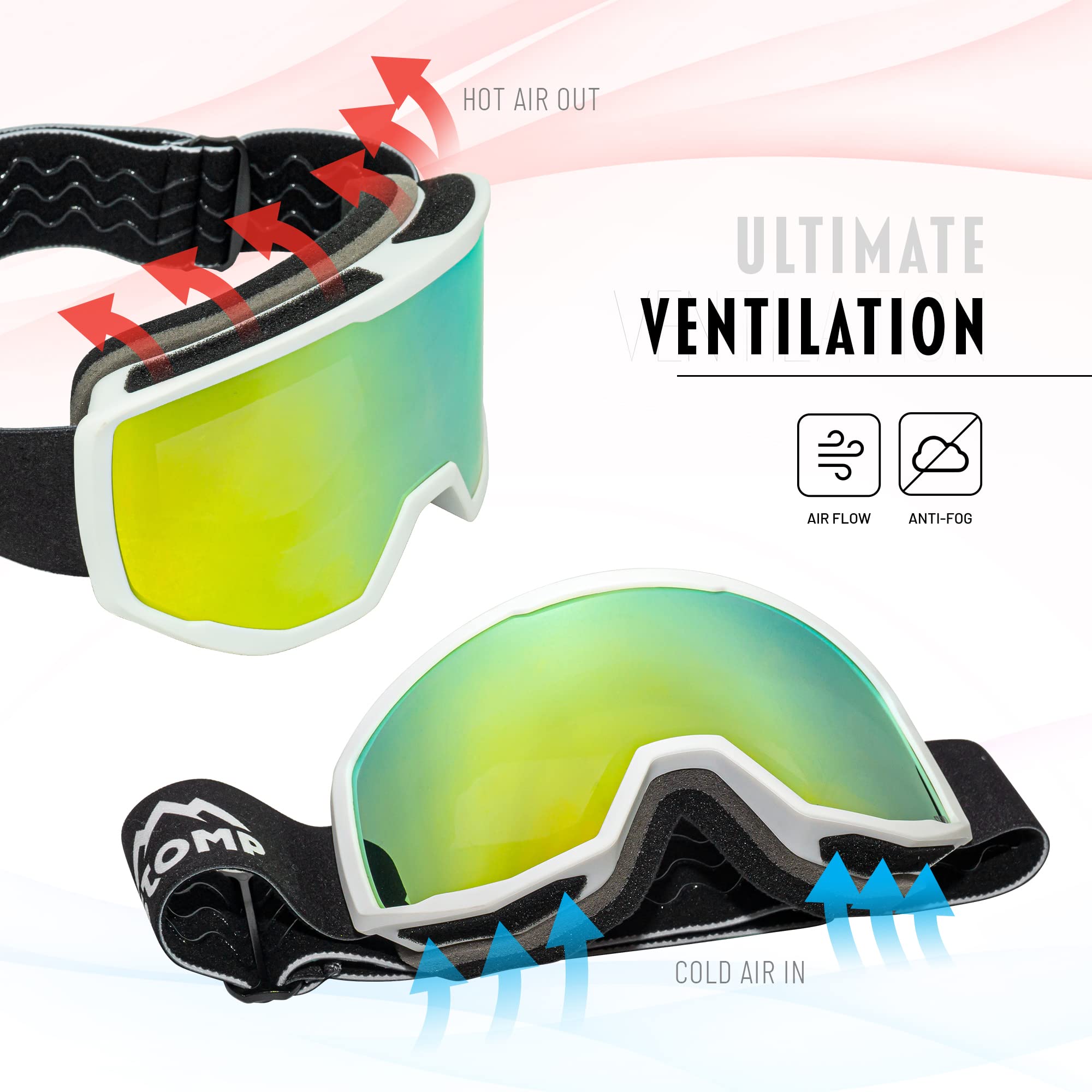 STOMP Gogle narciarskie/snowboardowe 100% ochrona UV400, wymienne gogle z soczewką/paskami dla mężczyzn, kobiet i młodzieży (biała rama/złota soczewka VLT 10%)