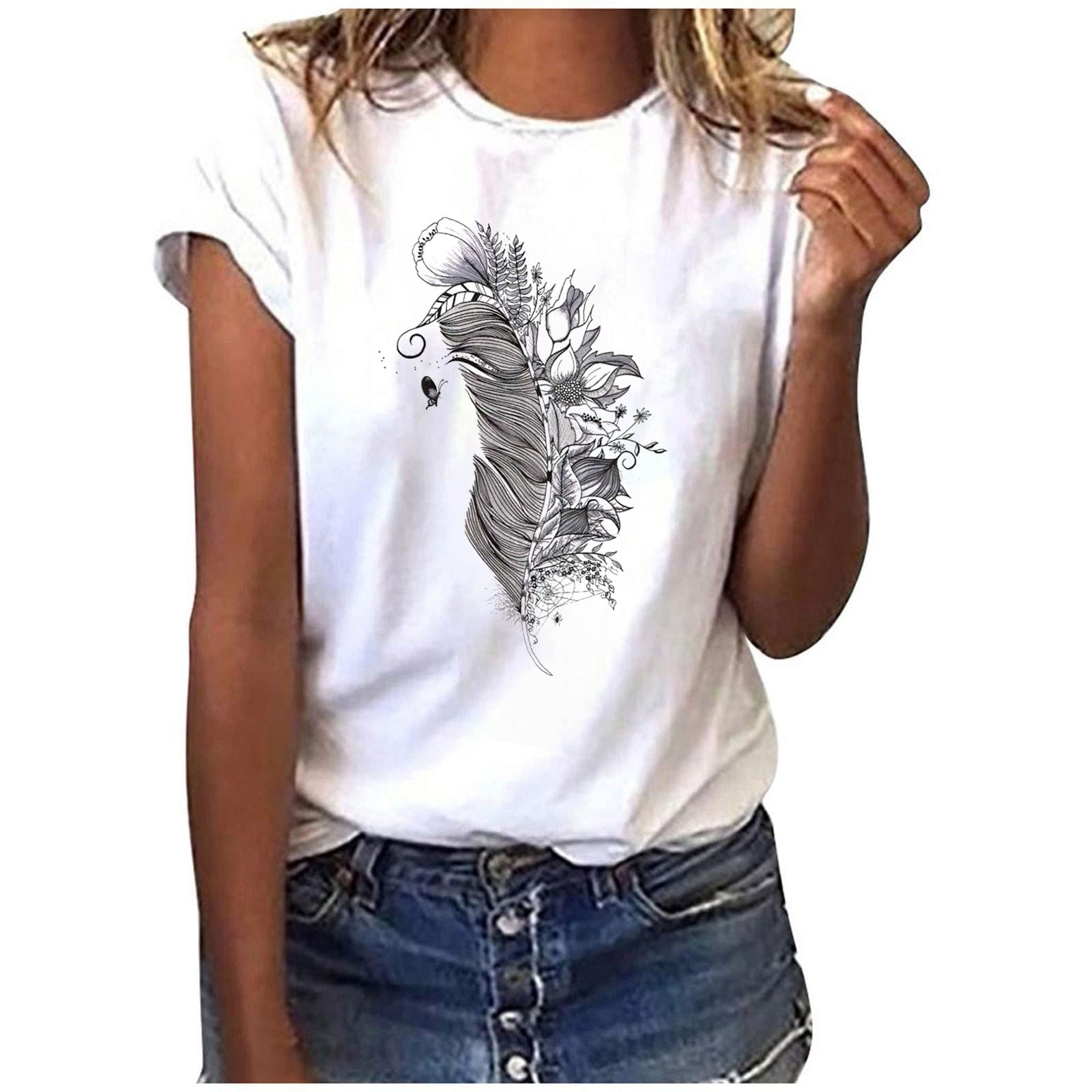 amidoa 2023 Summer Tops for Women Roll Sleeves Crewneck T Shirt Shirts Casual Dressy Loose White Tees Feather Print Clothing
