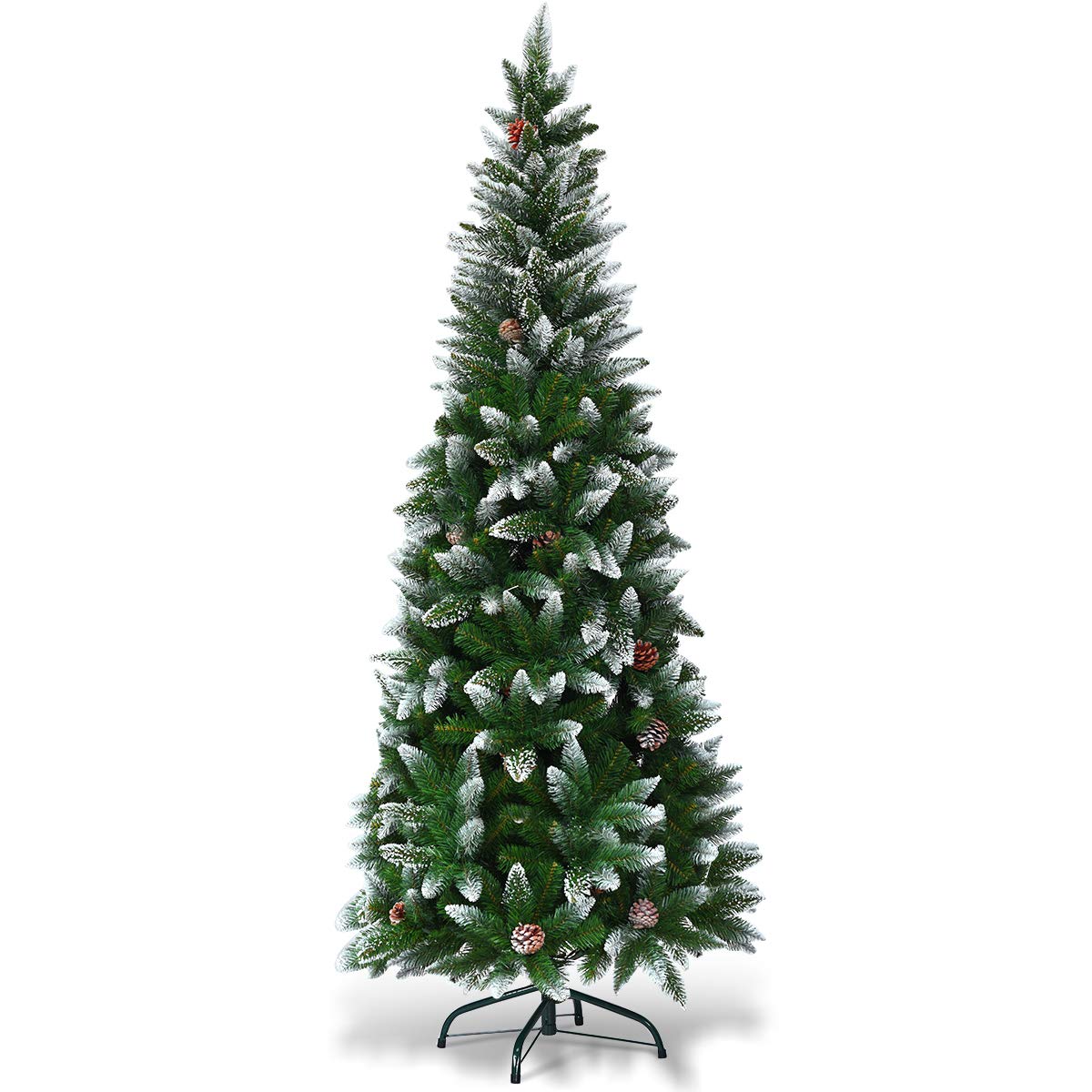 COSTWAY Árbol de Navidad Slim/Estrecho 180cm, Arbol de Navidad Nevado con 29 Piñas, Pino Cubierto de Nieve, PVC de 630 Puntas, Arvore de Natal Soporte de Metal, Hogar Oficina Fiesta (180 cm)