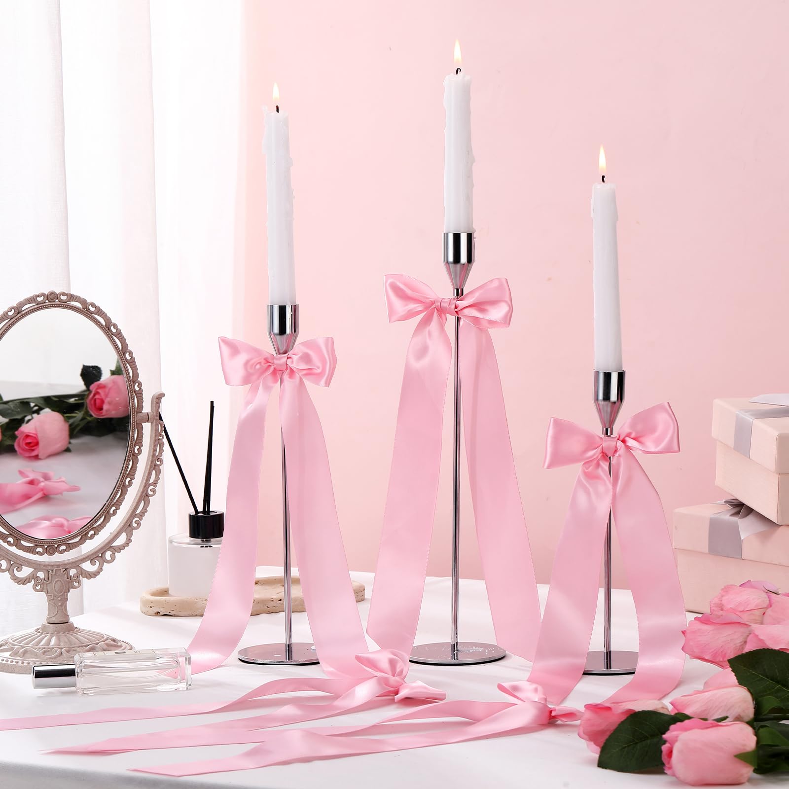 12 lazos rosados de Navidad para decoración de velas de 13 pulgadas, grandes lazos de decoración de coqueta para mesa, portavelas autoadhesivo, envoltura de regalo, boda, despedida de soltera 4