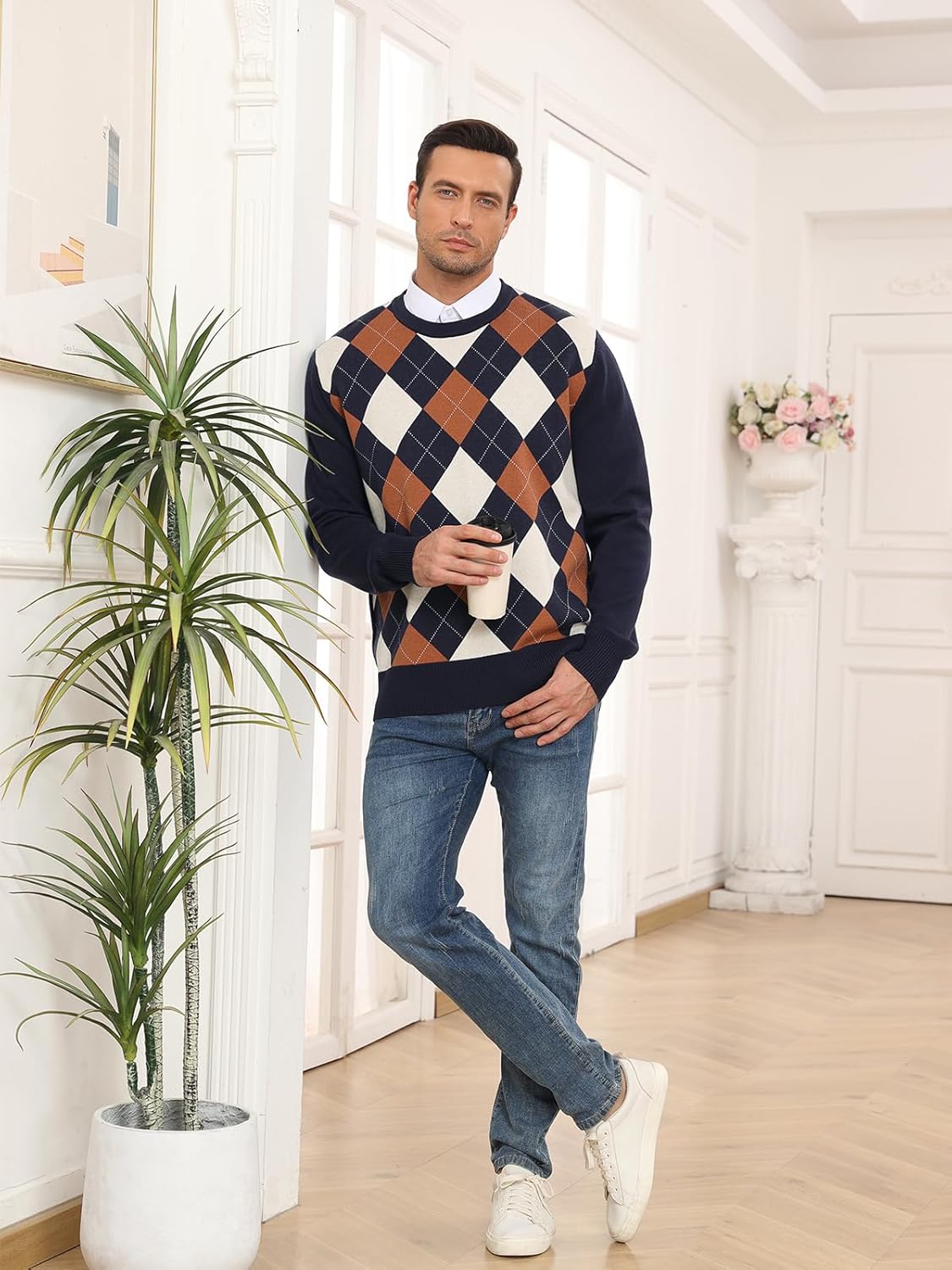RQP Men's Crewneck Sweater Slim Fit Argyle Pattern Long Sleeve Knit Pullover Sweater for Casual Or Dressy Wear - Image 6