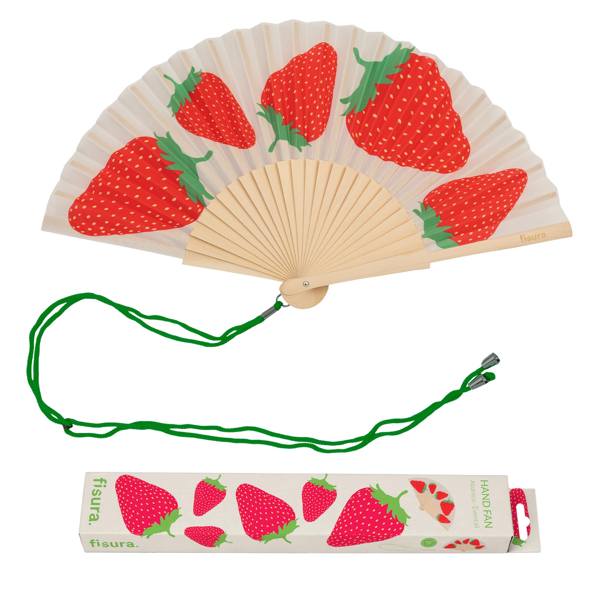 Fisura – Original Folding Fan with Strawberry Print, Modern and Colourful Folding Handheld Fan, Red Design for Wedding, Rave, Festival -Includes Strap. Size: 42.5 x 23 cm