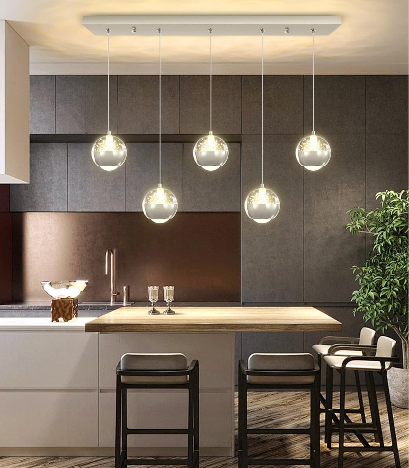 L32 x H78 Rectangular Chandeliers for Dining Room with LED Dimmable Lights Remote Control Chandeliers for Kitchen Island Modern Silver Globe Lighting Fixtures