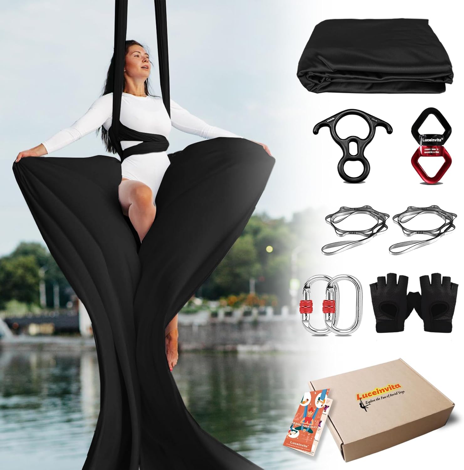 Aerial Silks Hammock Kit for Home and Outdoor, Nylon Tricot Flying Yoga Silk Swing for Gymnastics with Full Hardware