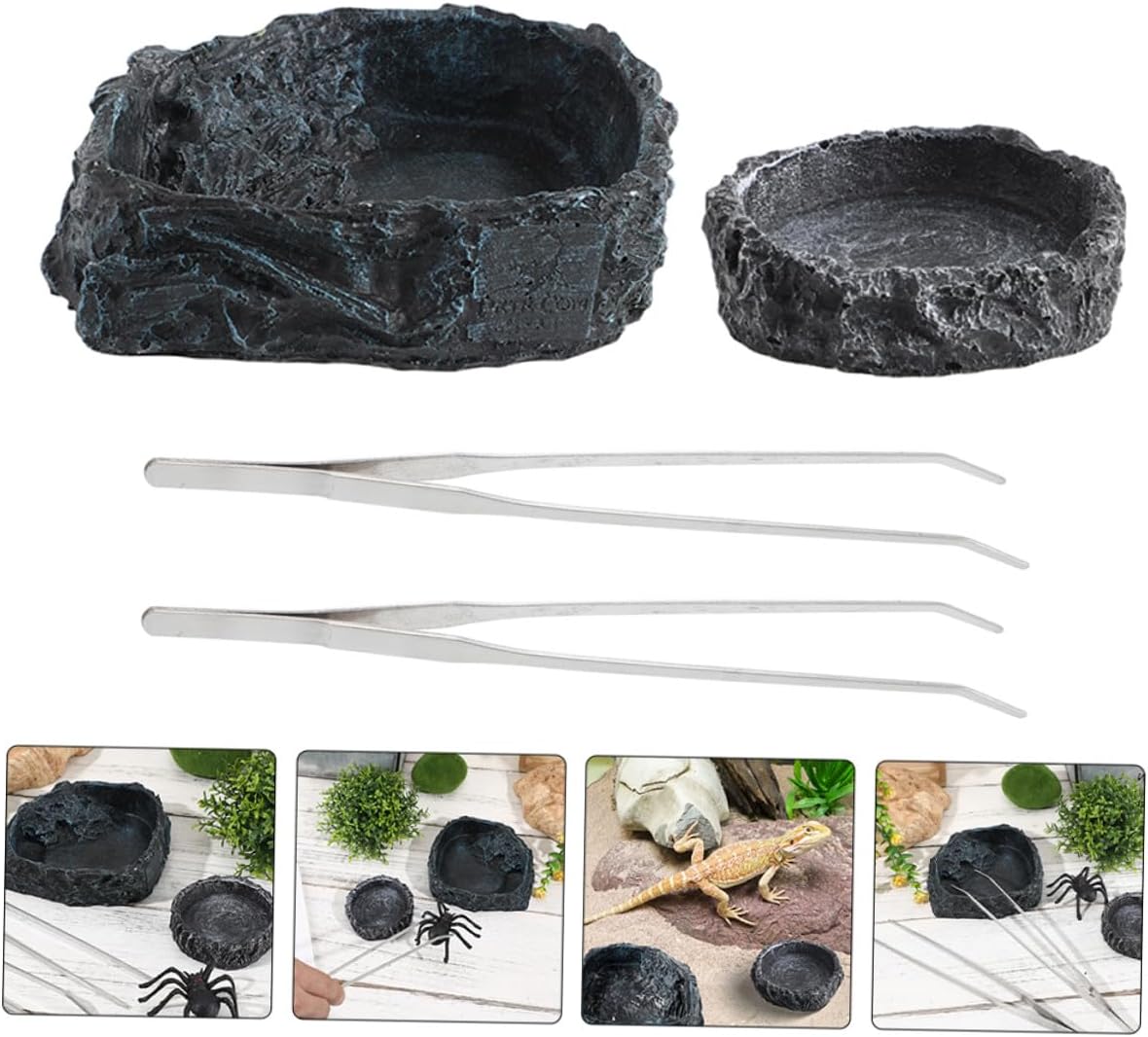 TOYANDONA Reptile Food Dish and Water Bowl Set with 2 Curved 27cm Feeding Tongs, Small Gray Resin Bowl and Large Snake Tank Dish for Bearded Dragon and Hermit Crab Feeding