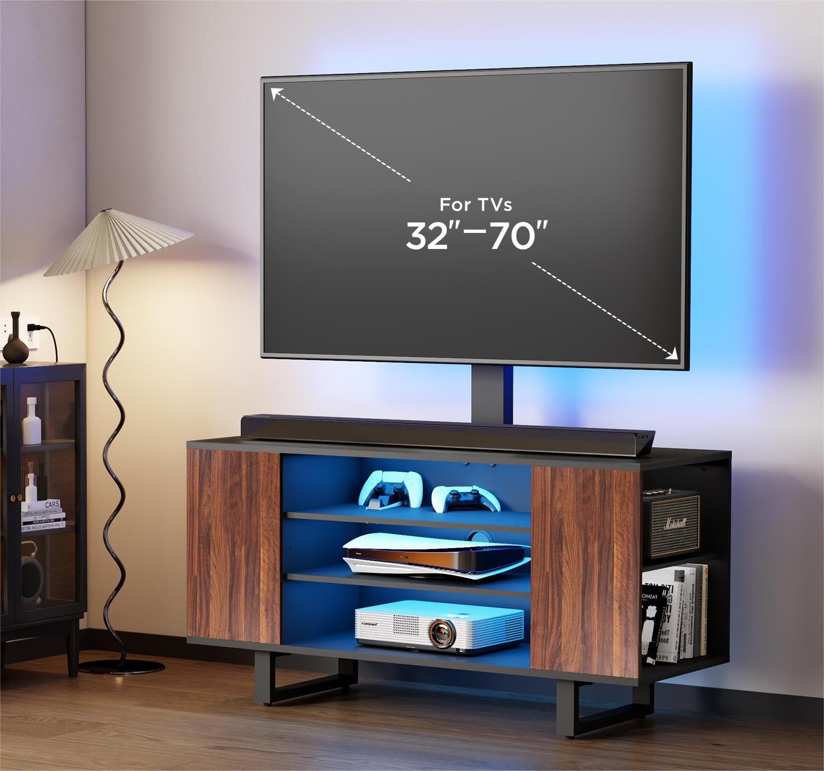 FITUEYES TV Stand with Mount for 32-70 inch TVs LED Light Entertainment Center with Wood Console, Swivel Floor TV Stand Mount with Light for Living Room, Bedroom (Walnut, Holds 88lbs)
