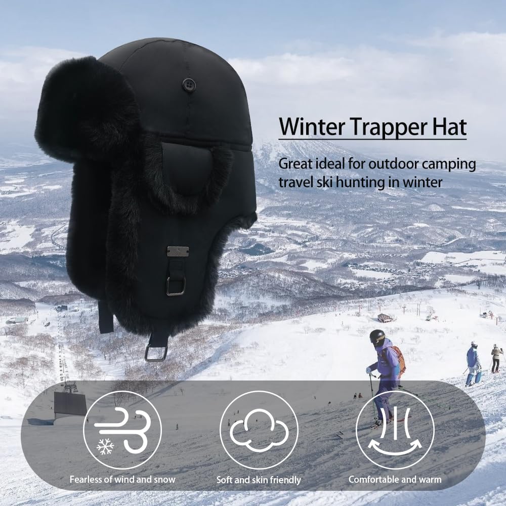 Unisex Fliegermütze Winter Mütze Warme Pilotenmütze mit Kunstfell Ohrenschützer Wintermütze für Herren und Damen