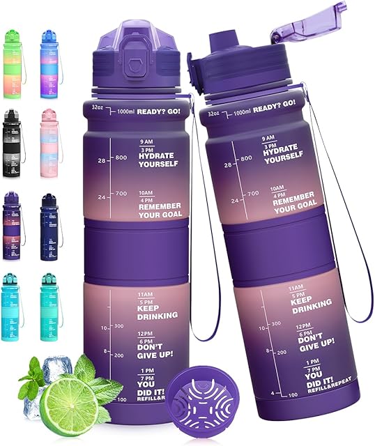 Expansea Motivational Water Bottle, 500ML/1L Sports Water Bottle with Time Marker, Motivational Fitness Plastic Drinks Bottle, Tritan, BPA FREE, Flip Top Leakproof Design for Running, Cycling