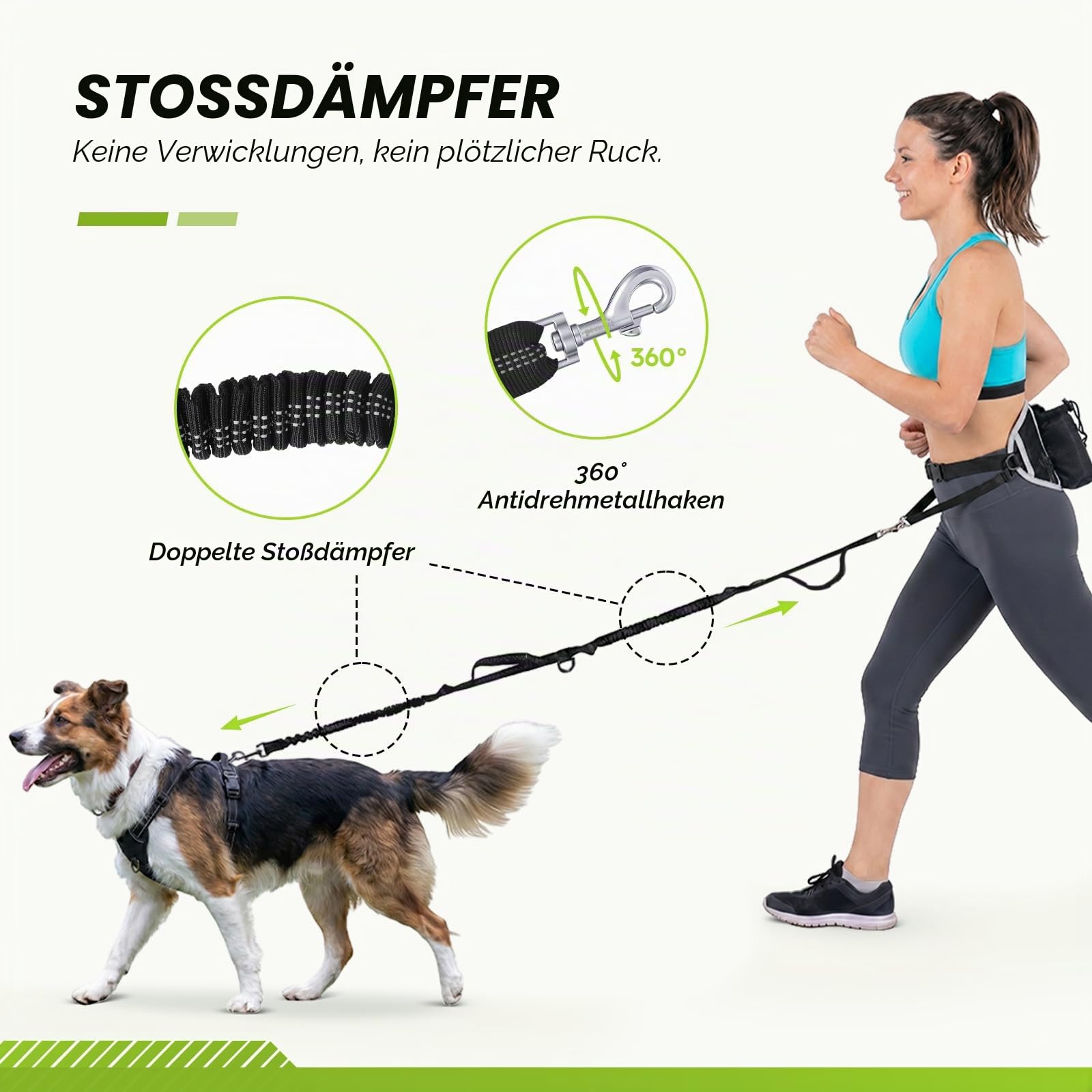 Pecute Joggingleine Hunde mit Mehrere Taschen Bauchgurt, Hundeleine 1.6-2.5M bis zu 30 kg, Stoßfest, Bequem, Reflektierende Nähte, ideal zum Laufen, Joggen und Gehen