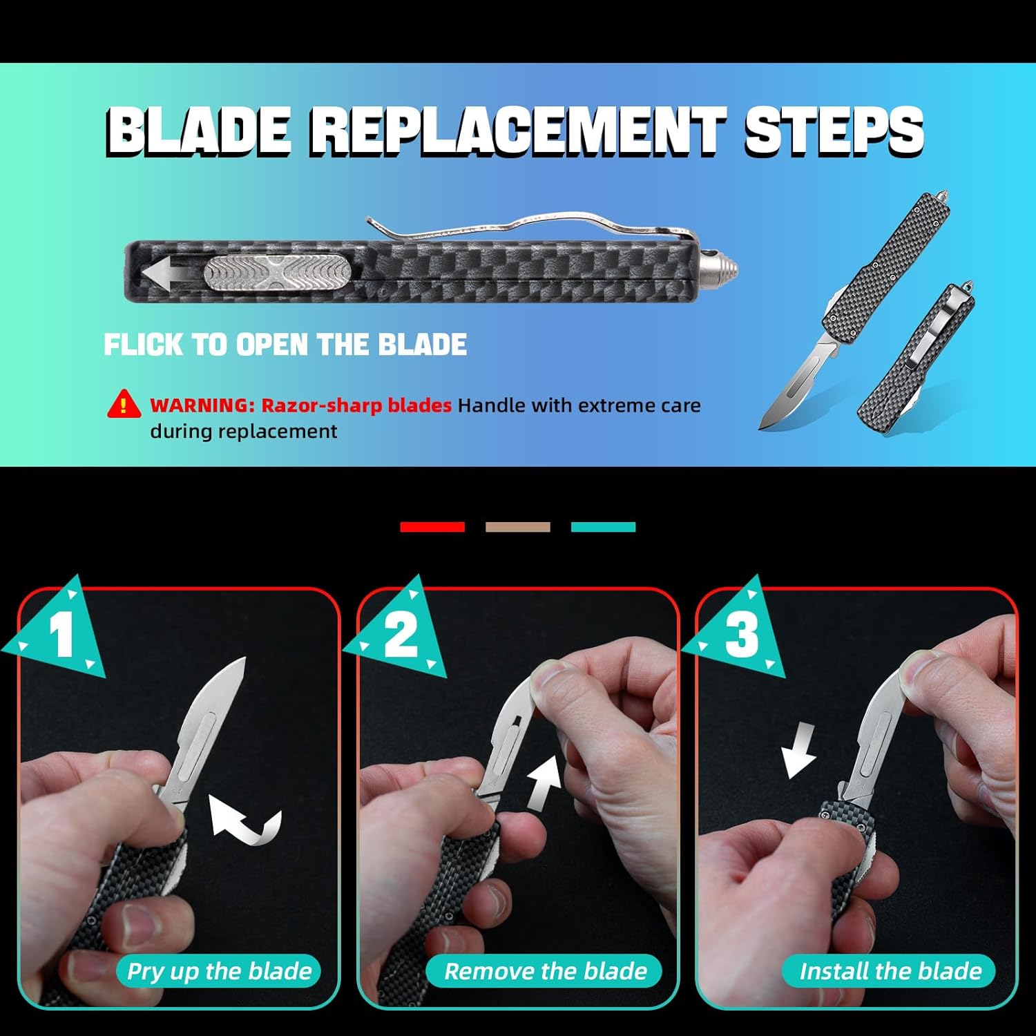 Utility knife EDC Box Cutters Pocket Knife With 20pcs Blades Replacement Black