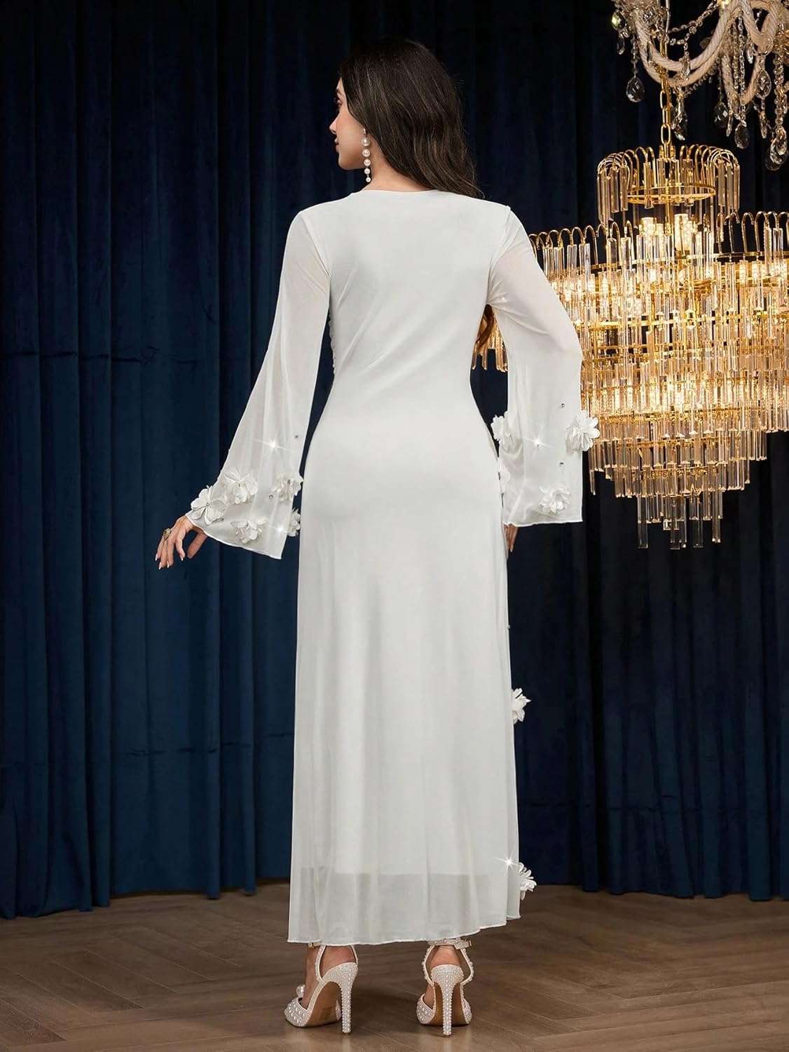 Women's Long Sleeve Floral Maxi Dress Fashion Bodycon Mesh Wedding v-Neck Pleated Guest Cocktail Dress