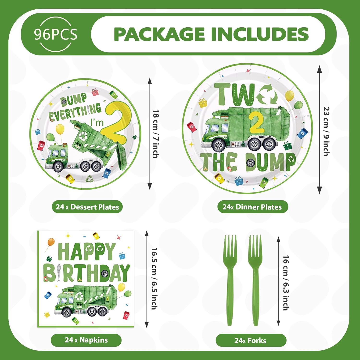 96Pcs Trash Truck 2nd Birthday Party Decoration Green Garbage Truck Plates and Napkins Two The Dump Tableware Set for 2 Years Old Kids Boys Recycling Rubbish Trucks Birthday Party Supplies Serves 24