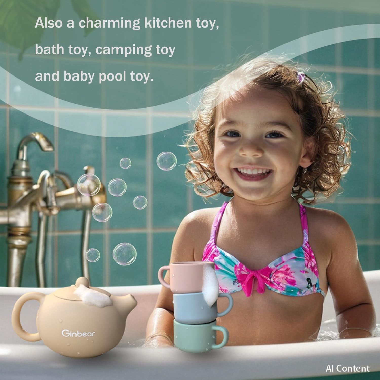 Ginbear Silicone Play Kitchen Tea Set with Washable Cloth Napkin for Toddlers & Kids 1-3, Non-Toxic Unbreakable Baby Bath Toys for Children 12 Months+ (Beige, Blue, Green, Rosy)