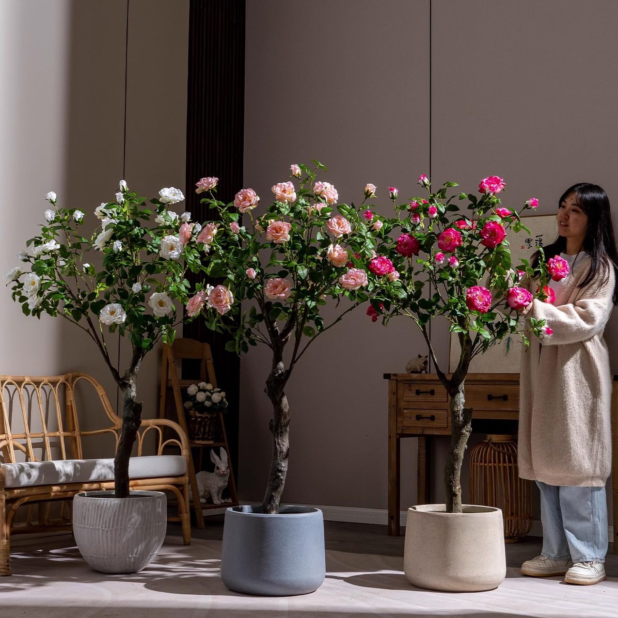 GarveeHome Knstliche Rosenpflanze Im Topf - Rosenbaum Mit UV-Schutz Fr  Innen & Auen Kunstpflanze Rosen