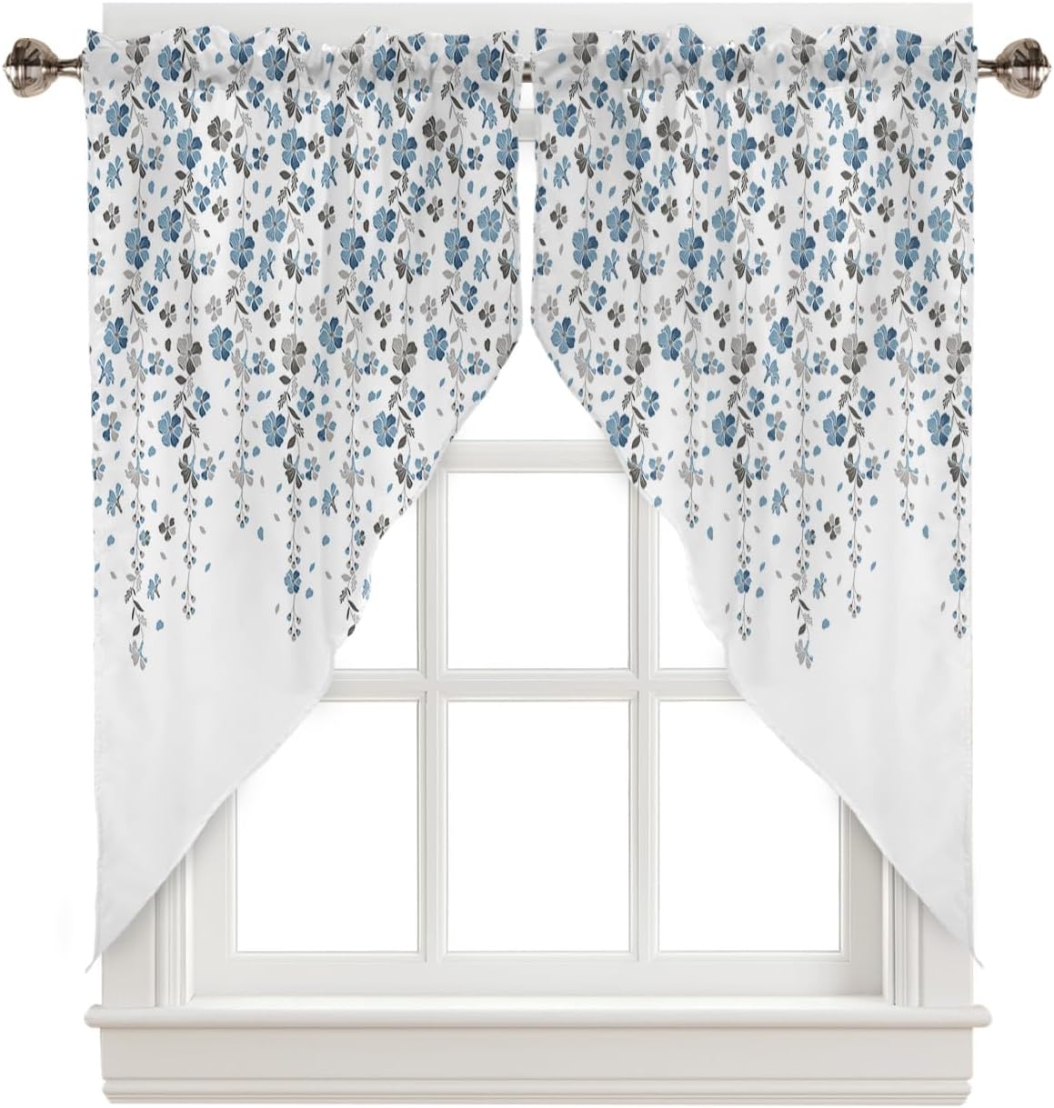 Floral Swag Valance Curtains Flower Blue Grey Cherry Blossoms White Background Rod Pocket Kitchen Curtains Scalloped Window Treatment Valances Swag Curtains for Living Room, 1 Pair, 36"W x 36"L