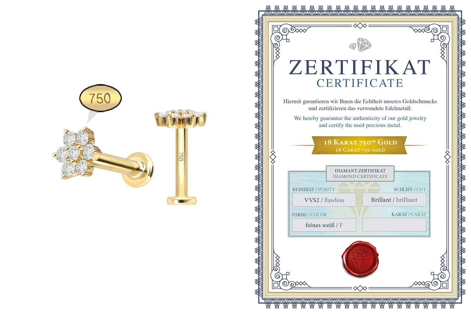 PIERCINGLINE Piercing Stecker 18 Gold Labret mit Innengewinde DIAMANT-BLUME 750er Gold - Goldfarben