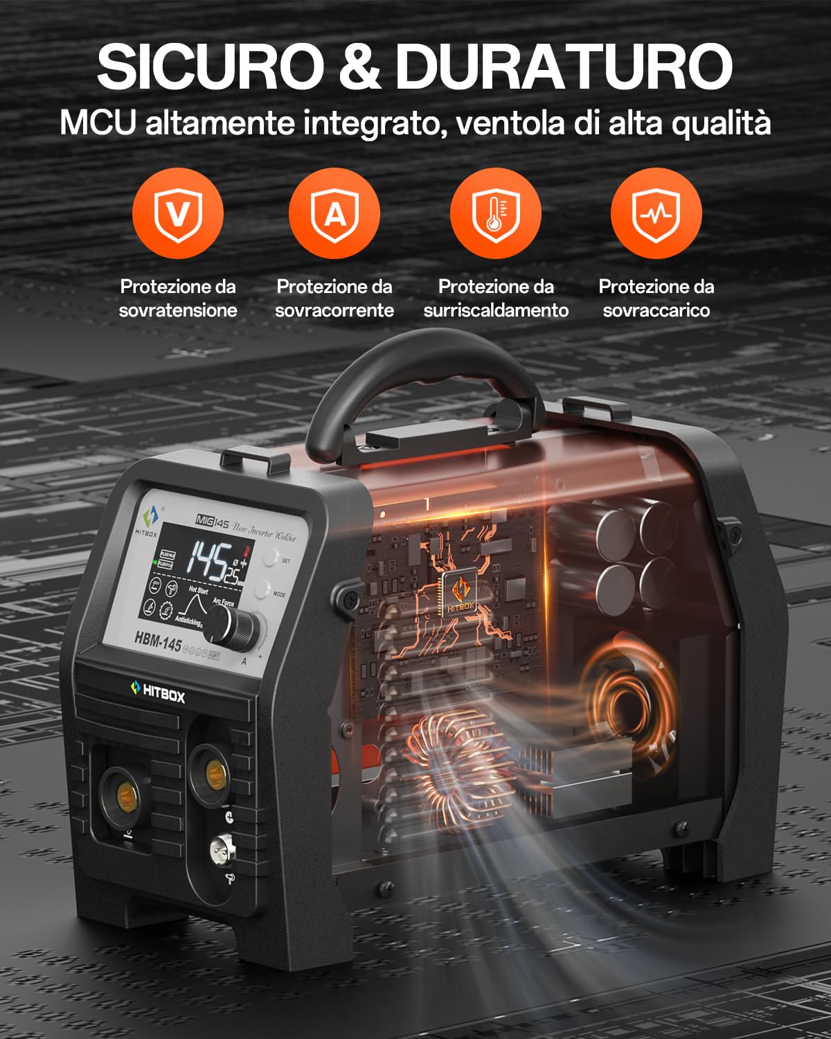 HITBOX 145A Saldatrice a Filo Continuo 4 in 1 – Saldatrice 230V con Display LED – Macchina per Saldatura MIG/ARC/Lift TIG/Spool Gun con Nucleo di Flusso (HBM145)