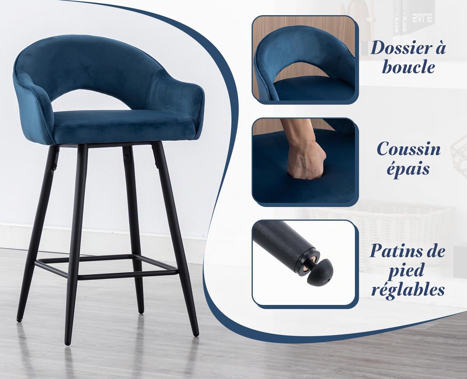 Ya-Home Chaise Bar Pivotant Lot de 2 en Velours, Bleu | Tabourets de Bar avec 4 Pieds en Métal, Tabouret de Comptoir Moderne, Chaises Haute pour Cuisine/Bar/Salon