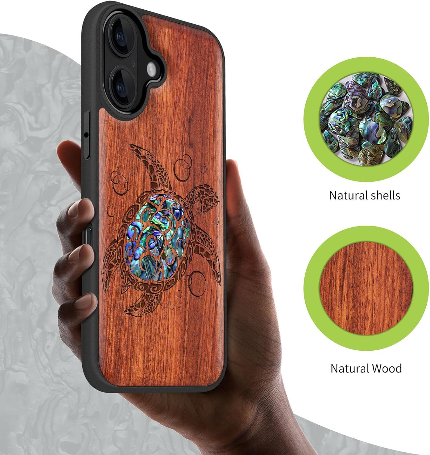 Carveit Magnetic Wooden Case for iPhone 17 Case, Wood Artisan Engraved & Handmade Shell Inlaid, TPU Shockproof Cover, Compatible with MagSafe Wireless Chargers (The Maori Turtle-Rosy)