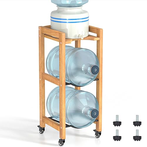Soporte para jarra de agua de 3 niveles y 5 galones con estante superior, 4 ruedas de metal o pies ajustables, soporte de piso dispensador de agua