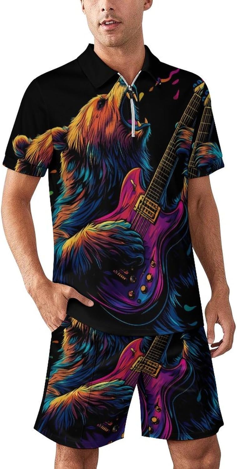 Wild Bear Playing Guitar Mens Polo Shirts Track Suits 2 Piece Short Sleeve Sweatsuit 1/4 Zip Golf Loungewear for Sports