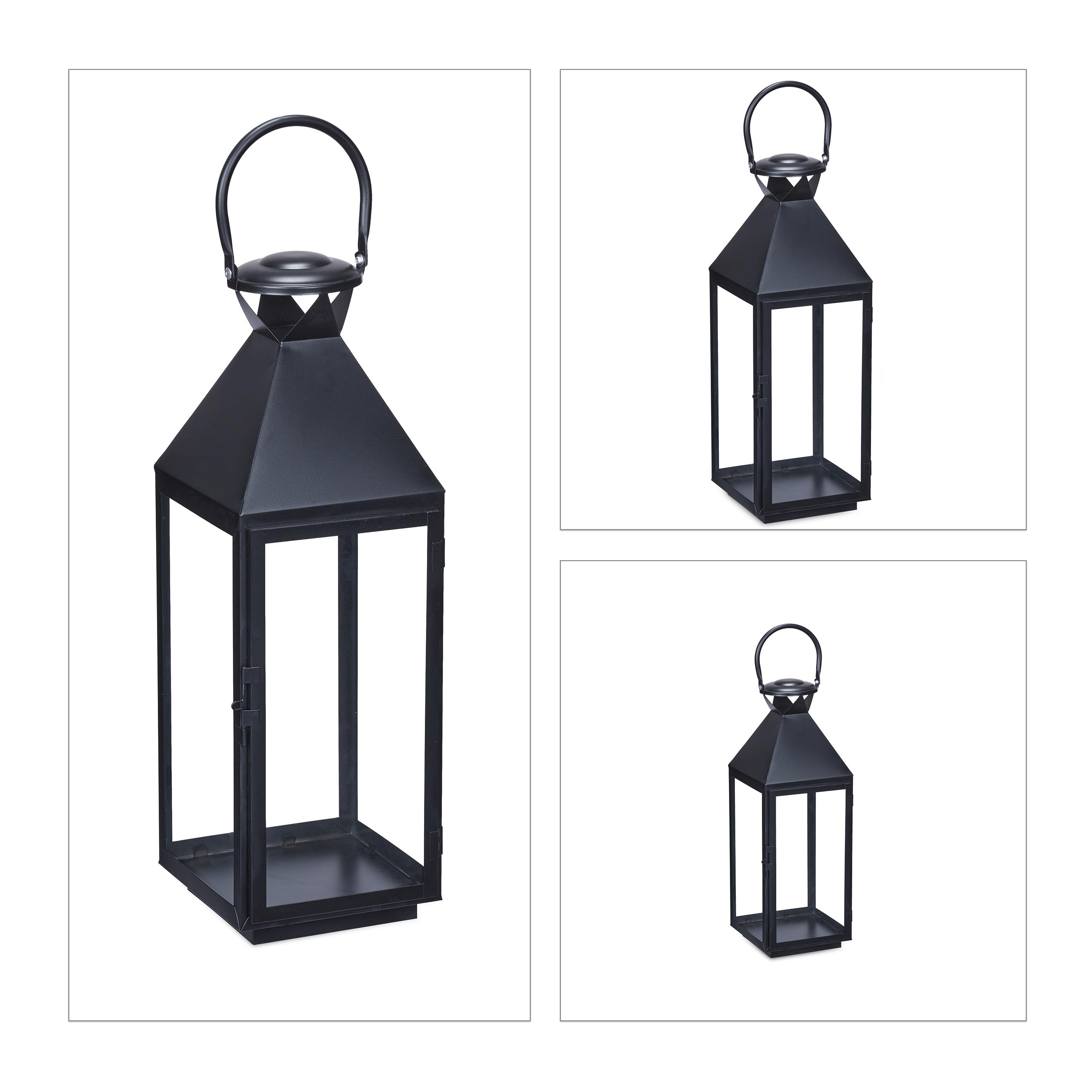 Relaxdays Set 3 Portavelas, Farol Decorativo para Interior y Exterior, 3 Tamaños, Metal, Cristal, Farolillo Vela, Negro